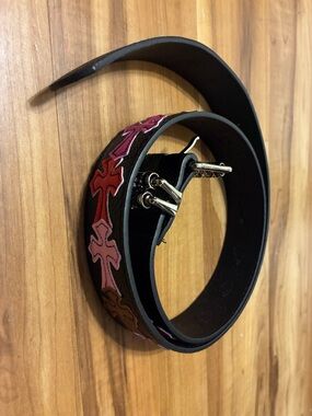 Chrome Hearts Black Leather Belt with Pink and Red Cross Accents